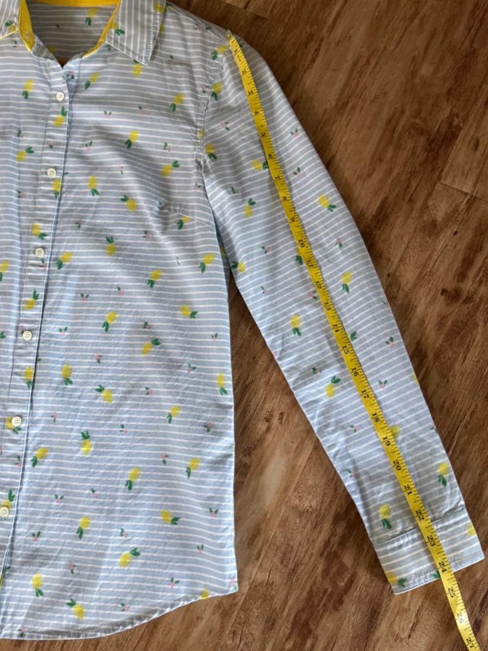 NEW J McLaughlin Lois Button Front Shirt Yellow Lemon Motif Blue White Stripe XS - Picture 8 of 14